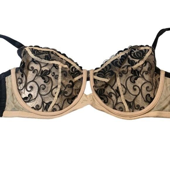 Cacique Lace Underwire Bra Tan Black Floral Sheer Size 44DD - Picture 3 of 7